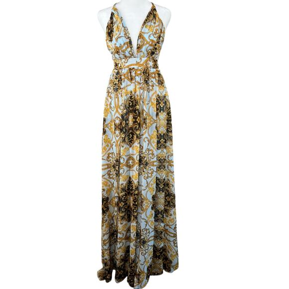 Powder Blue Gold Chiffon Baroque Sleeveless Open Back V-Neck Maxi Dress Med New - Picture 2 of 15